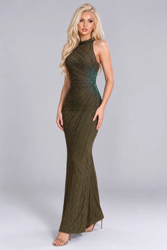 Olive Green Halter Neck Beaded Column Maxi Evening Dress [erp-image:eb90fd4cc89ac30a5f6d8ea1]