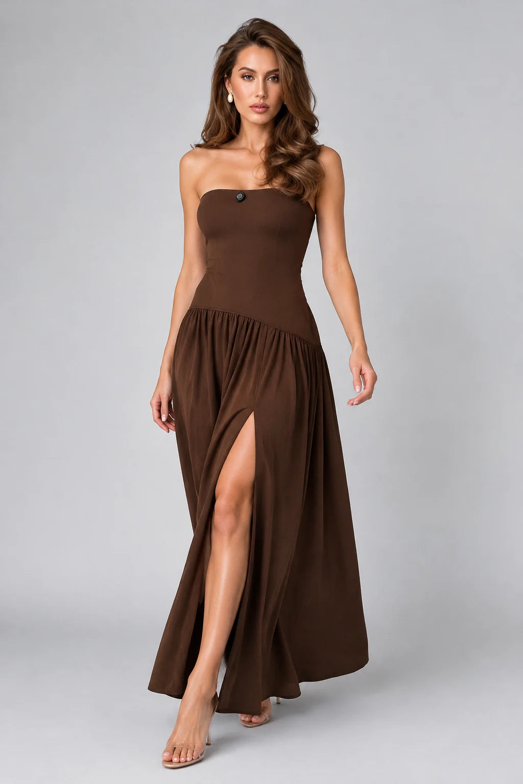 Brown Strapless Drop Waist Maxi Dress with High Thigh Slit [erp-image:5b6e8ee5961aa8cee828d36e]