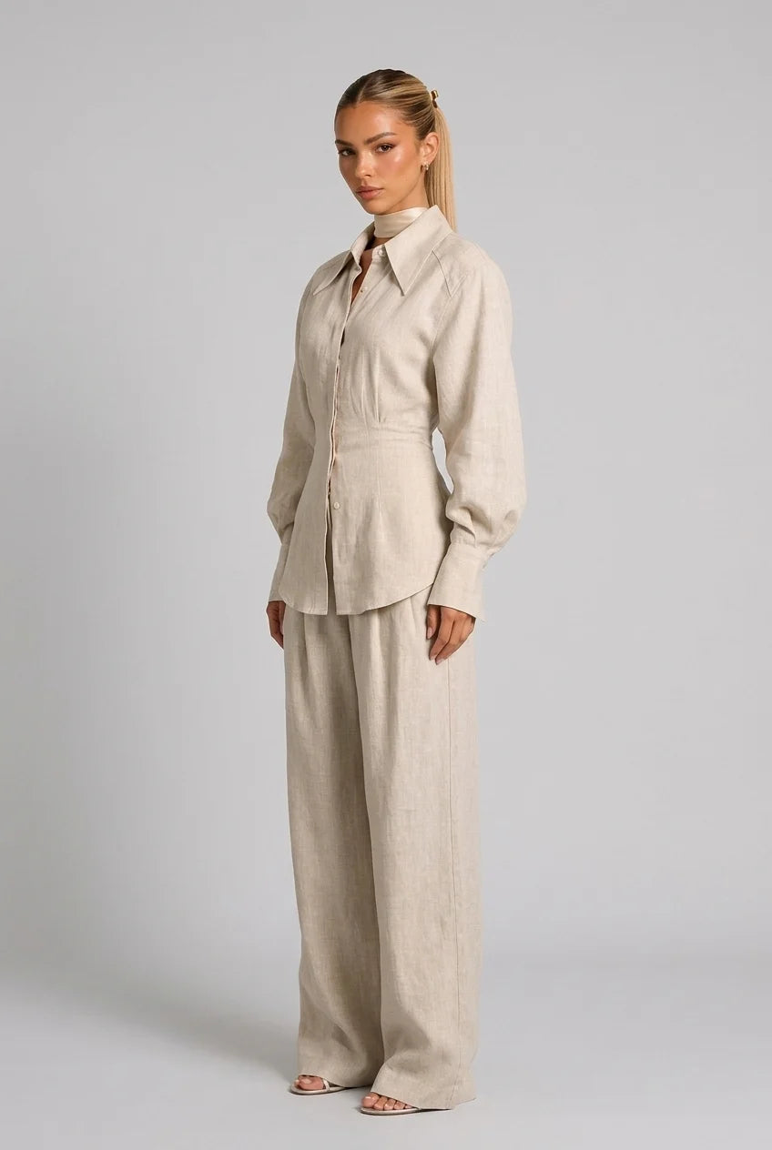 Long Sleeve Button Down Shirt and Wide Leg Pants Two Piece Set