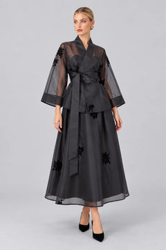 Black Sheer Organza Wrap Kimono Top and A-Line Midi Skirt Set [erp-image:63a6a2e4efc14f90226bbd63]