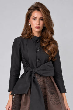 Elegant Black Long Sleeve Bow Belted Shirt Dress with Floral Buttons [erp-image:a933d71016741b7547d92266]
