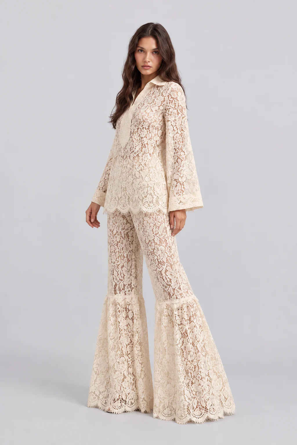Vintage Floral Lace Long Sleeve Tunic Top and Flared Wide Leg Pants Set [erp-image:2040bda23bbb72714ce883ad]