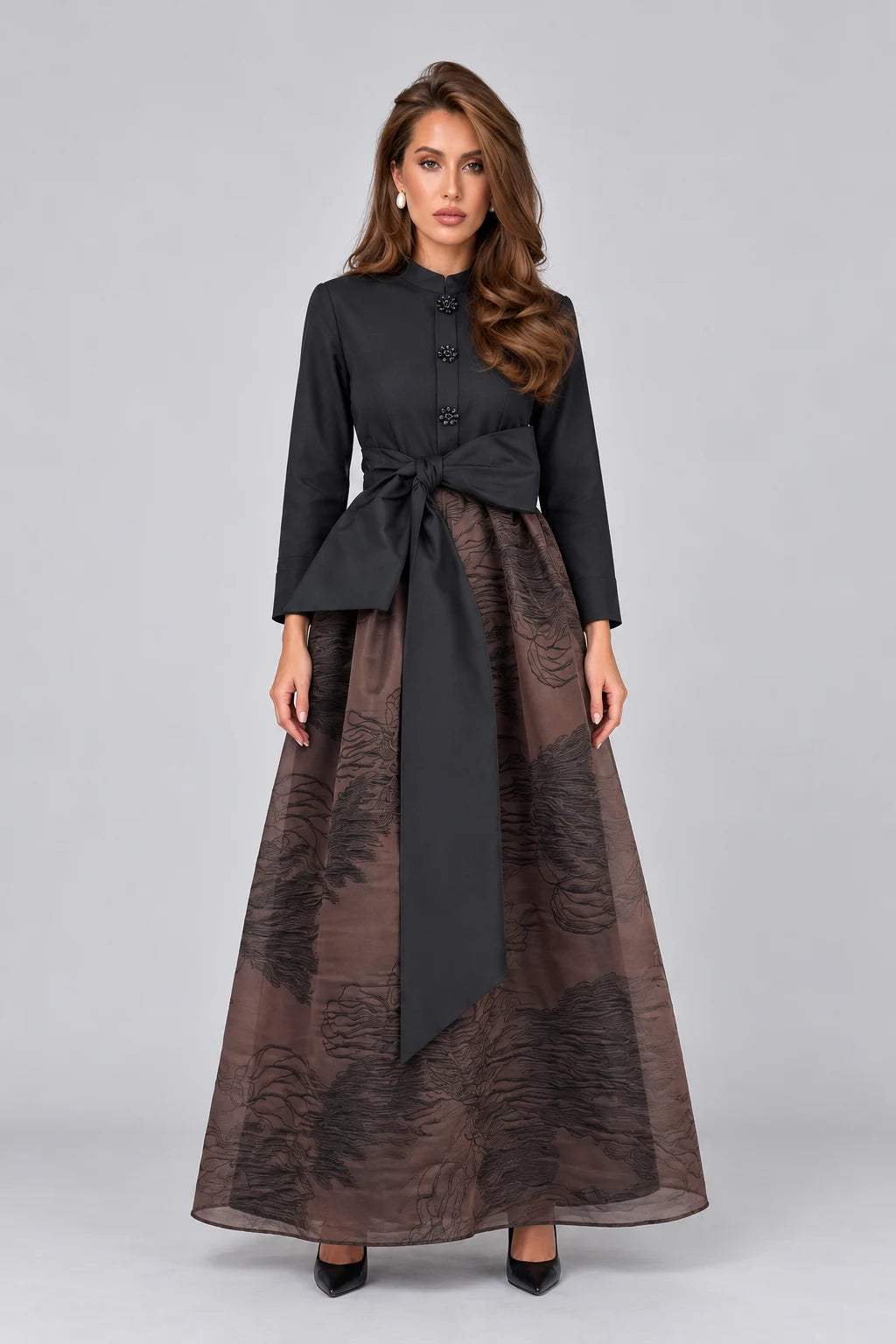 Elegant Black Long Sleeve Bow Belted Shirt Dress with Floral Buttons [erp-image:094528b4bfef607e6ca46a22]