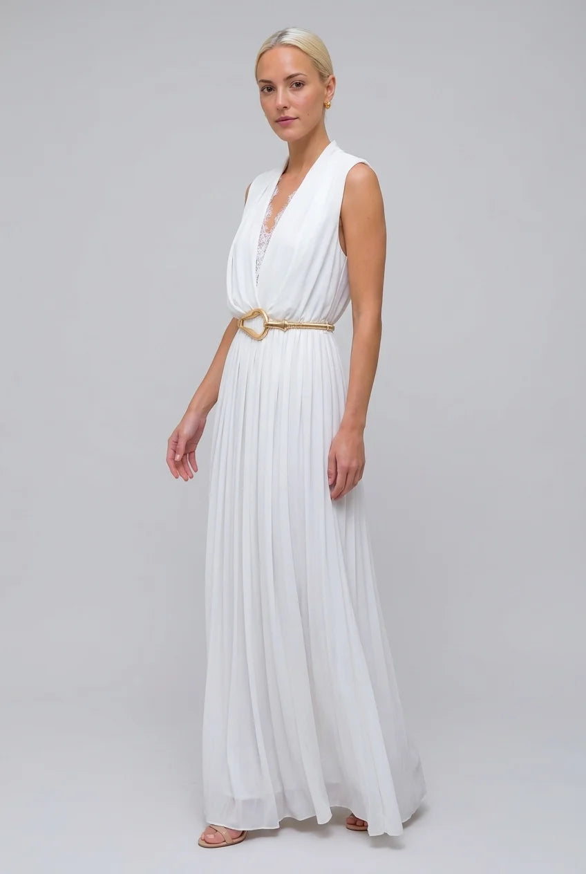 Weißes Maxikleid ohne Ärmel mit tiefem V-Ausschnitt, Spitzenbesatz und Falten