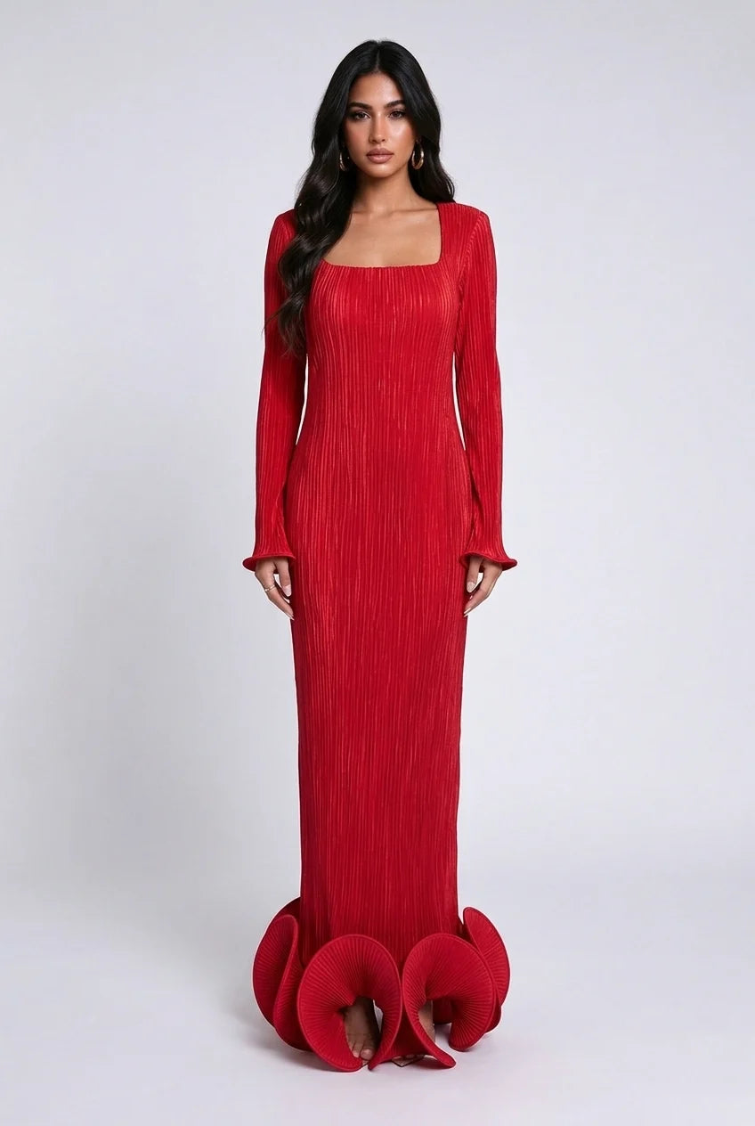 Square Neck Long Sleeve Maxi Dress with Sculptural Petal Hem