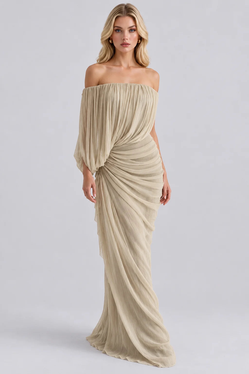 Off the Shoulder Draped Pleated Ruched Maxi Dress [erp-image:4f933d7033f352cd16978909]