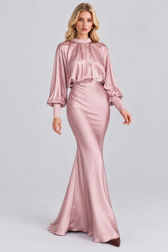 High Neck Bishop Sleeve Gathered Bodice Satin Maxi Dress [erp-image:c87a2b63c1984e694e63f992]