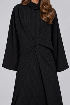 Black Pinstripe Long Sleeve Twist Front Abaya Maxi Dress with Wide Cut [erp-image:5977e4ff4d85f084d353f46d]