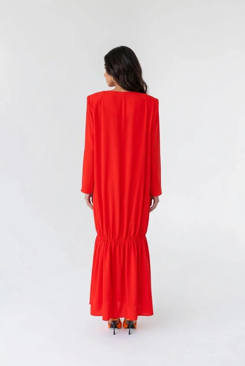Red Padded Shoulder Long Sleeve Drop Waist Maxi Dress with Flounce Hem [erp-image:eca739f463d6f5bae26350bc]