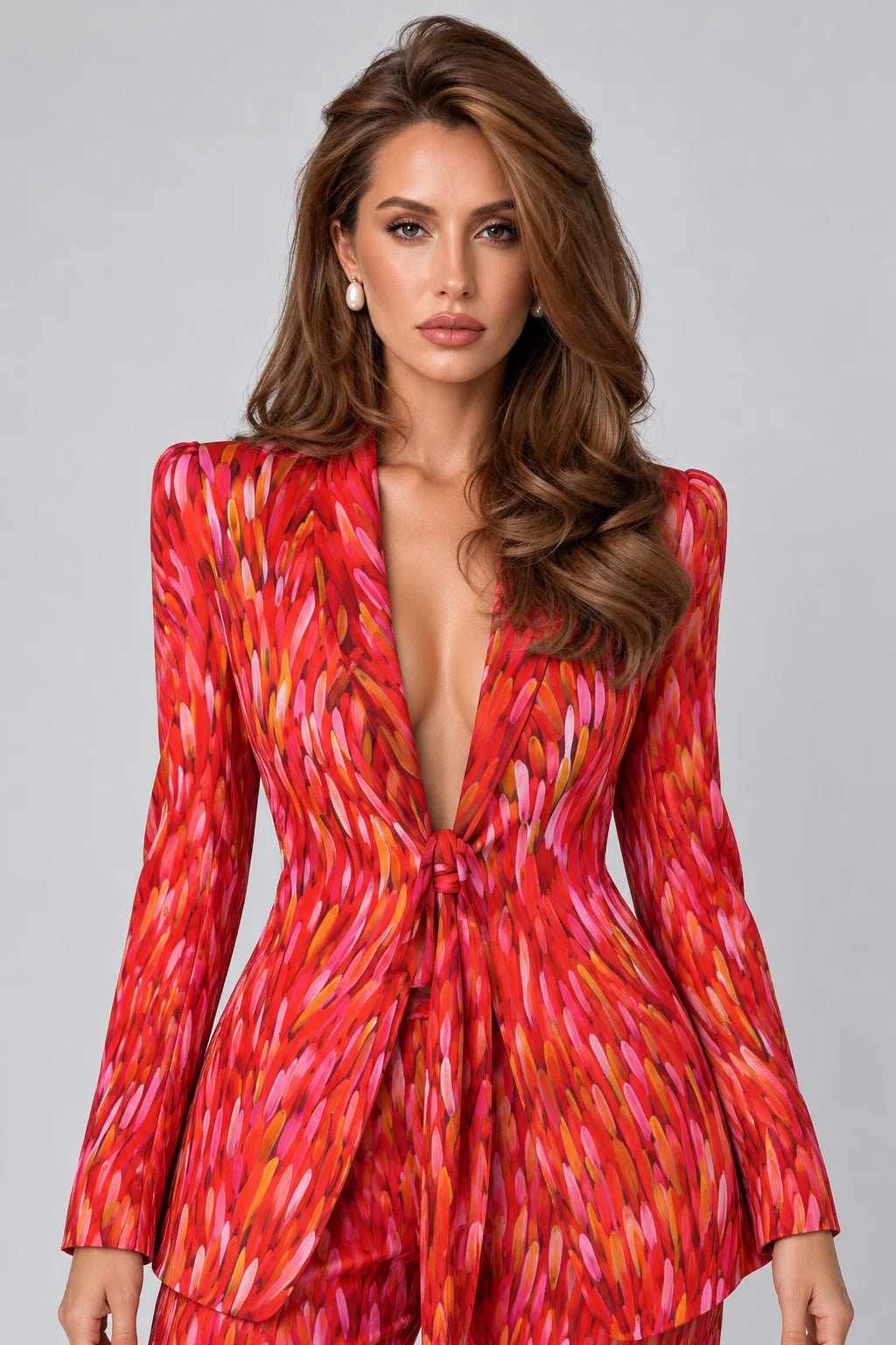 Red Brushstroke Print Tie Front Blazer and Wide Leg Pants Two Piece Set [erp-image:e9582ef41d4f423a61a8b291]