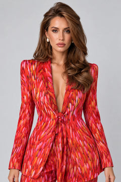 Red Brushstroke Print Tie Front Blazer and Wide Leg Pants Two Piece Set [erp-image:e9582ef41d4f423a61a8b291]