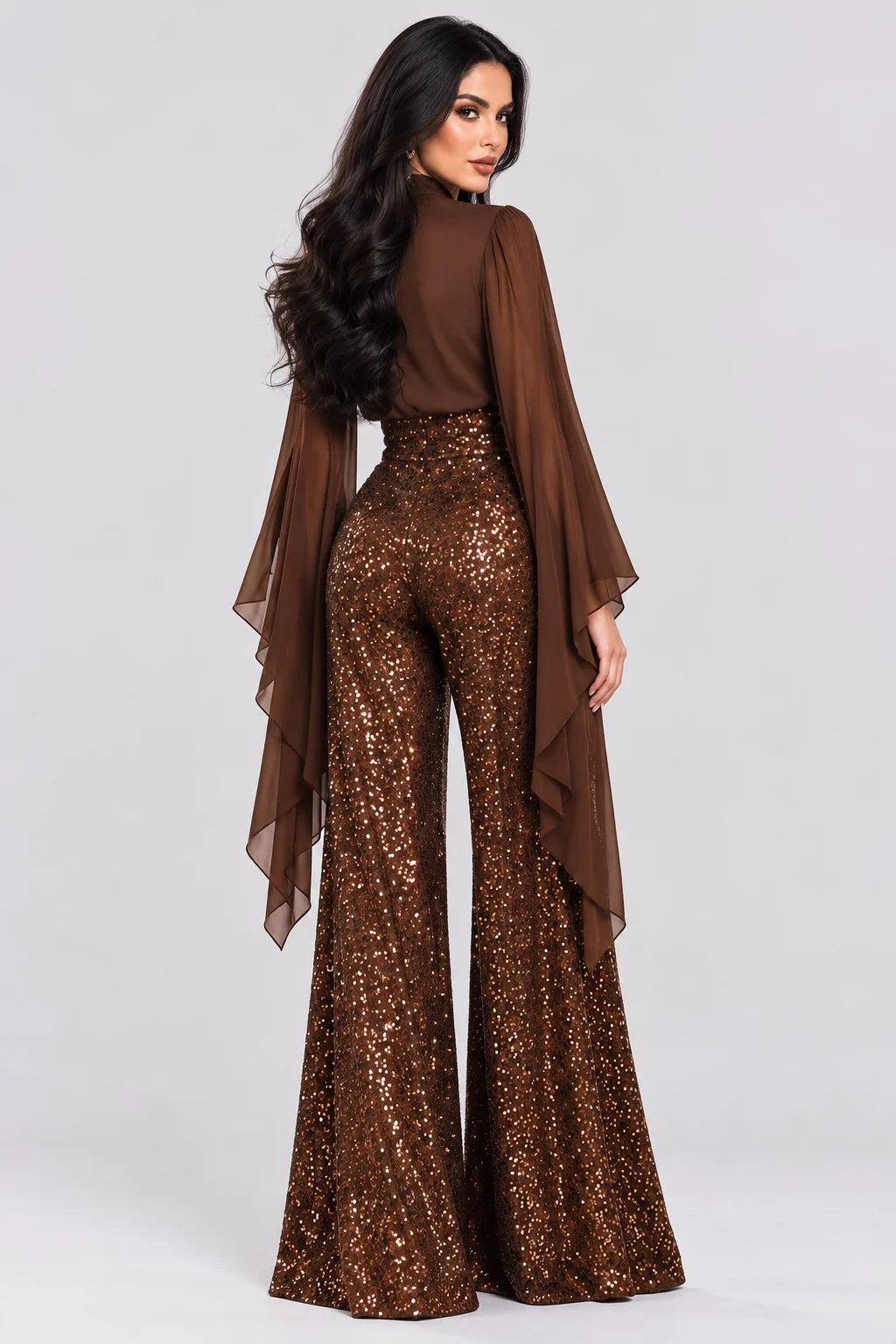 Brown High Neck Cape Sleeve Blouse and Sequin Wide Leg Pants Two Piece Set [erp-image:7a1d2bc6765e81f417ff4d7e]