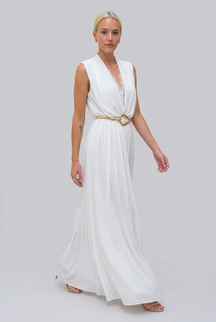 Weißes Maxikleid ohne Ärmel mit tiefem V-Ausschnitt, Spitzenbesatz und Falten