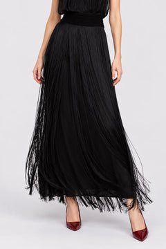 Women's Black Fringe Sleeveless Top and Maxi Skirt Two Piece Set [erp-image:1ca4db5e0e9fc98e81e8b279]