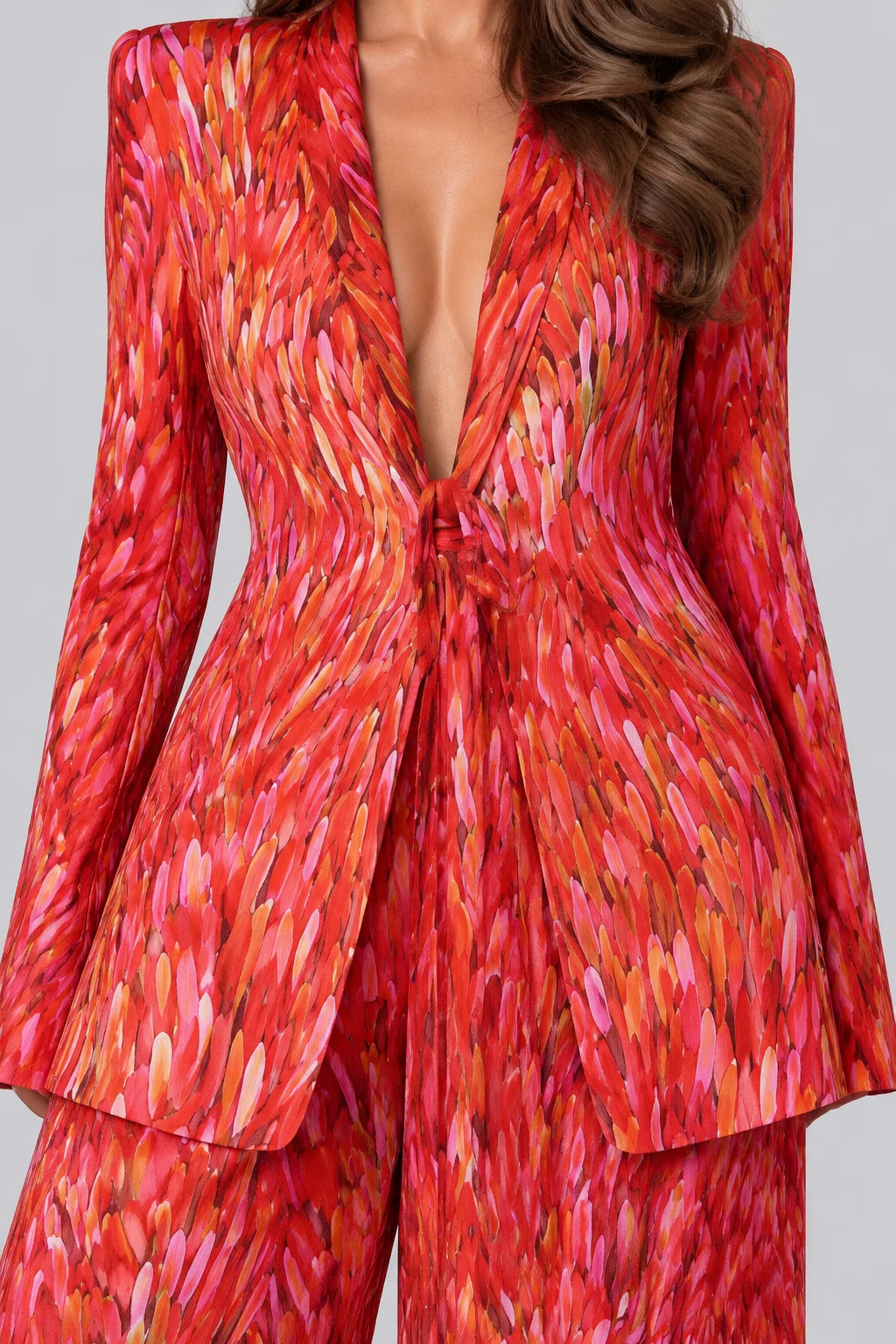 Red Brushstroke Print Tie Front Blazer and Wide Leg Pants Two Piece Set [erp-image:4fab9fe7987892c6c5d7c0d6]