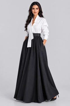 Women's Asymmetrical Draped Collar Shirt and High Waist Maxi Skirt Two Piece Set [erp-image:3d3b76f609f305223a58dff5]