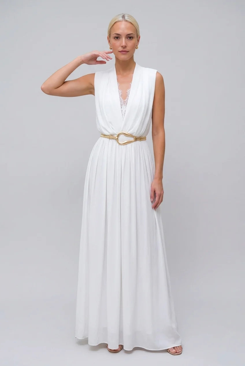 Weißes Maxikleid ohne Ärmel mit tiefem V-Ausschnitt, Spitzenbesatz und Falten