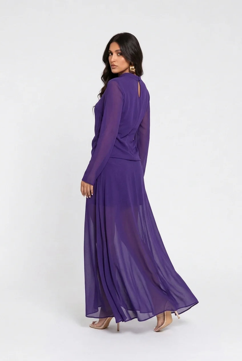 Purple High Neck Long Sleeve Sheer Chiffon Maxi Dress