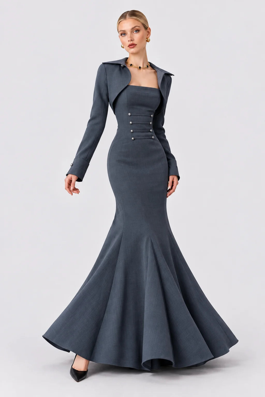 Charcoal Grey Cropped Bolero Jacket and Mermaid Maxi Dress Two Piece Set [erp-image:46d02579af81556fe2ba618c]