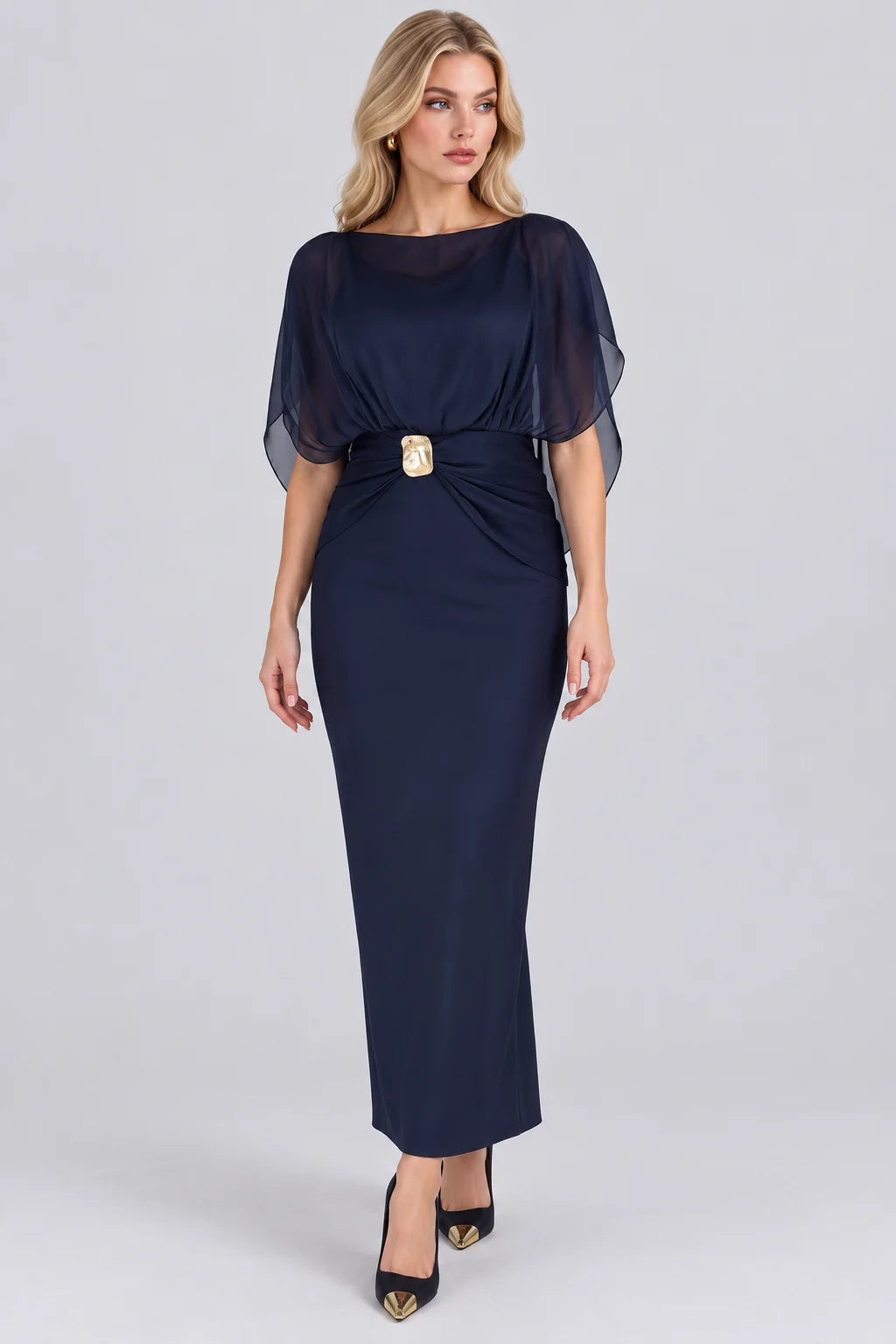 Shimmer Cape Sleeve Column Maxi Dress with Gold Buckle Accent [erp-image:2b4640d272bee0113493ec2d]
