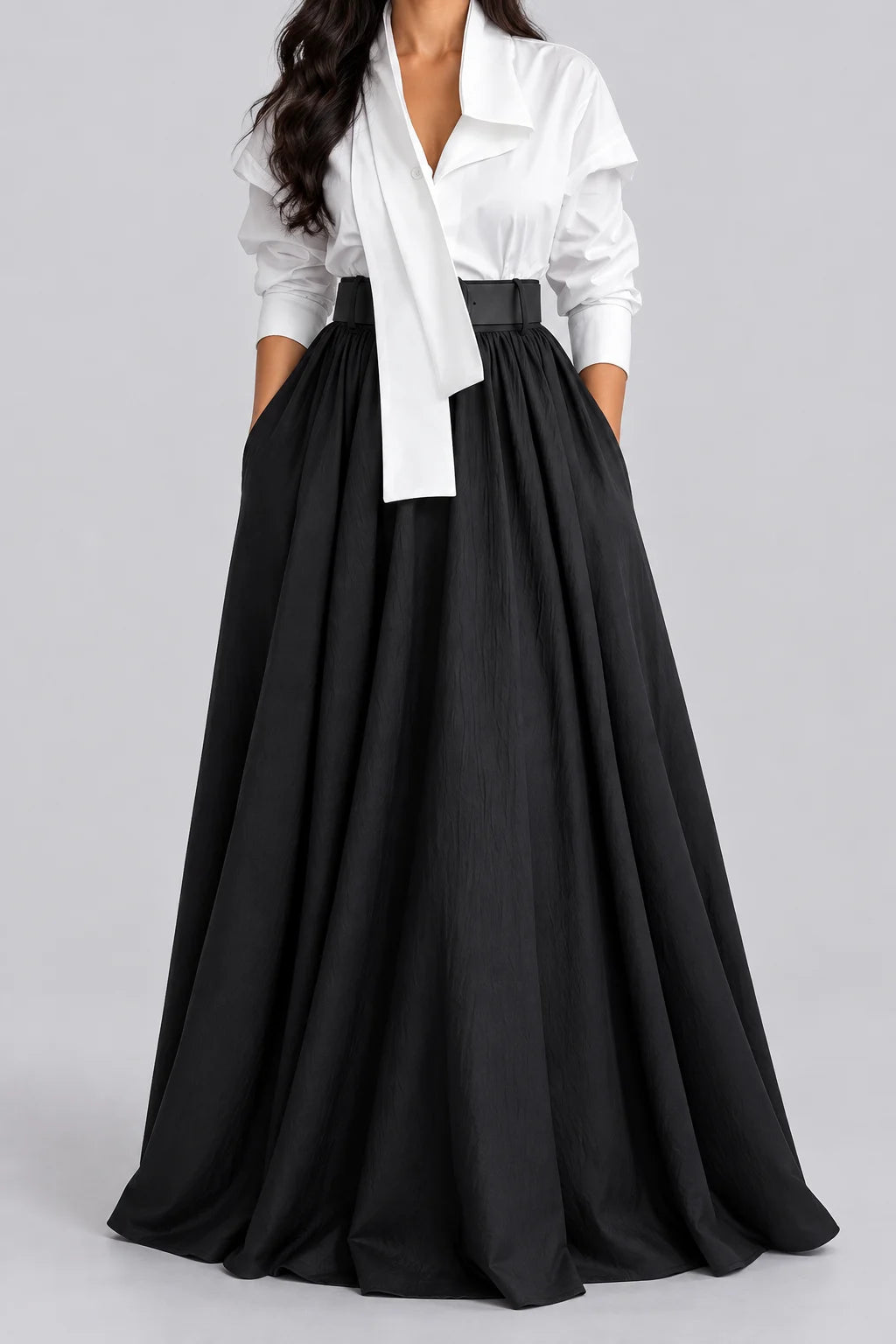 Women's Asymmetrical Draped Collar Shirt and High Waist Maxi Skirt Two Piece Set [erp-image:5e62e98781e68585cf01f445]