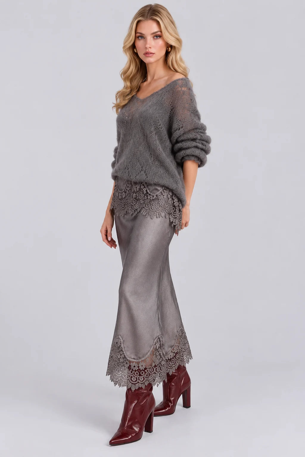 Open Knit Sweater and Lace Trim Satin Midi Skirt Set [erp-image:2ad2091848f1739d1959388f]
