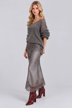 Open Knit Sweater and Lace Trim Satin Midi Skirt Set [erp-image:2ad2091848f1739d1959388f]