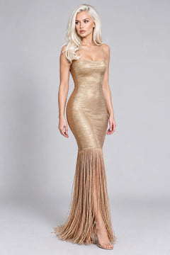 Gold Metallic Spaghetti Strap Fringe Mermaid Maxi Dress for Evening Party [erp-image:fe3c2b043da45eb225242b5e]
