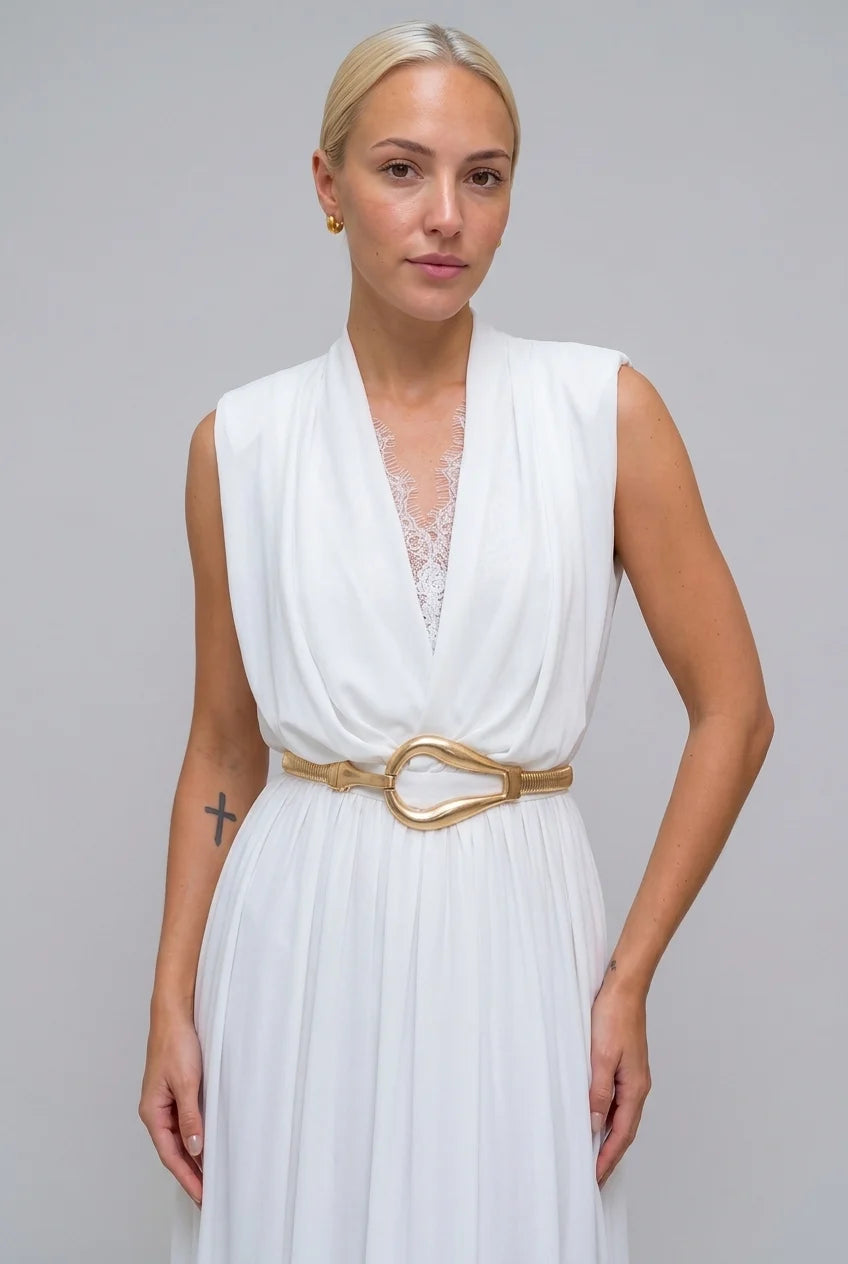 Weißes Maxikleid ohne Ärmel mit tiefem V-Ausschnitt, Spitzenbesatz und Falten