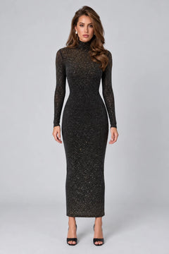 Women's Rhinestone Embellished High Neck Long Sleeve Top and Maxi Skirt Two Piece Set [erp-image:cdb34c87e583bee3efd4b9d0]