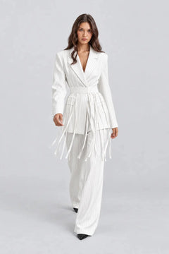 White Pinstripe Fringe Blazer and Wide Leg Pants Two Piece Set [erp-image:5787f12aa424b8503d05223b]