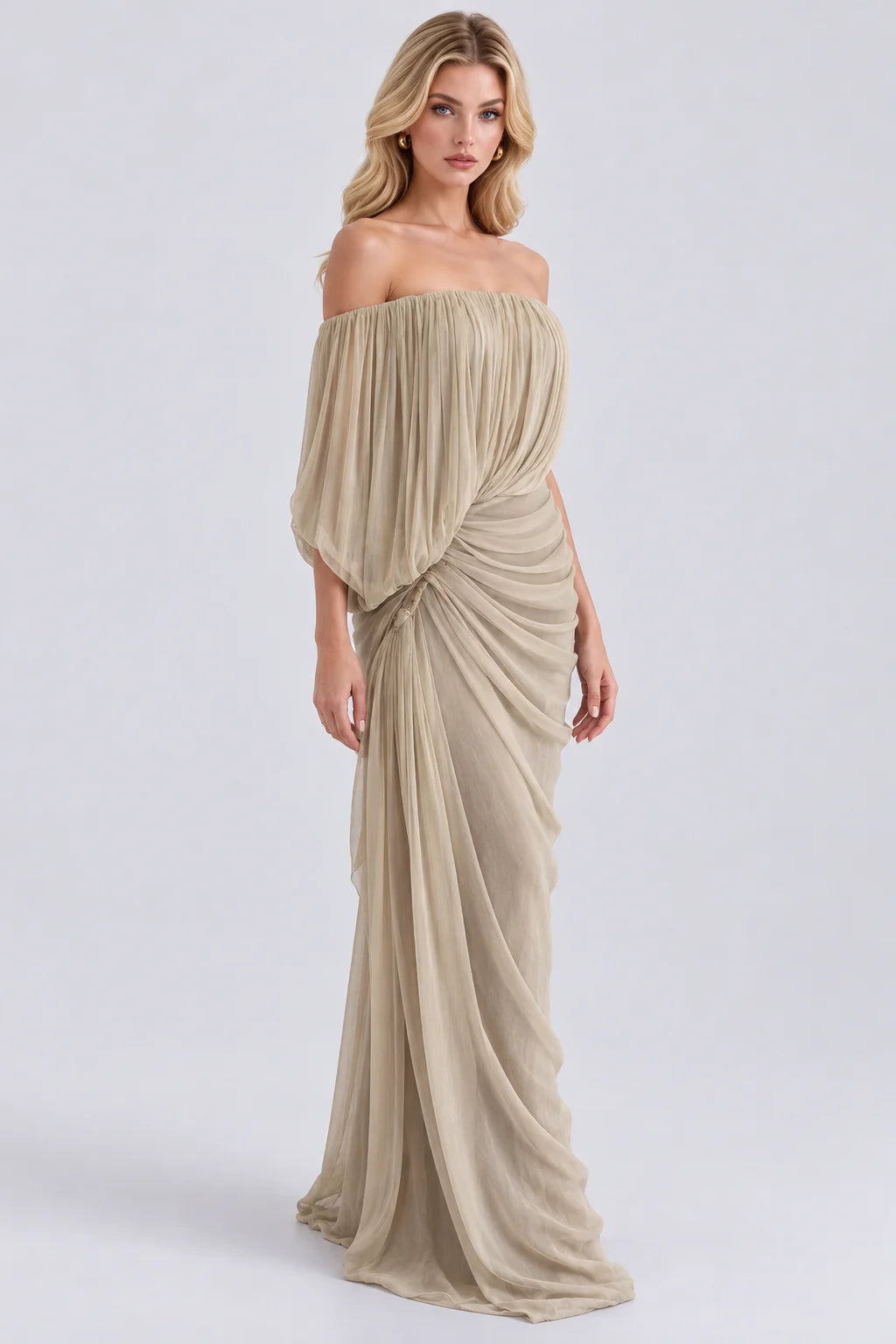 Off the Shoulder Draped Pleated Ruched Maxi Dress [erp-image:a8dd9dde544d248879580885]