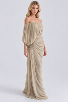 Off the Shoulder Draped Pleated Ruched Maxi Dress [erp-image:a8dd9dde544d248879580885]