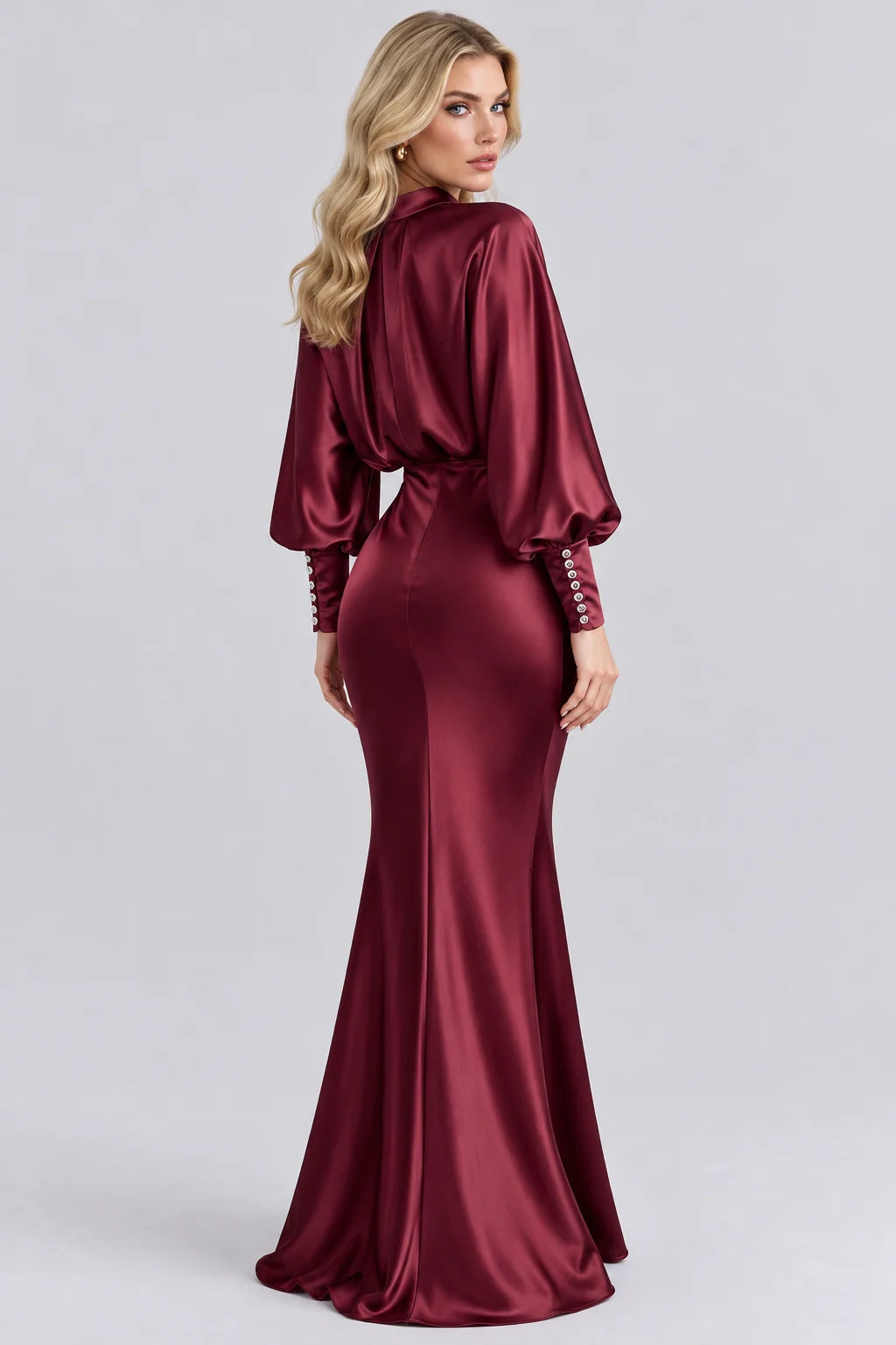 High Neck Bishop Sleeve Gathered Bodice Satin Maxi Dress [erp-image:ea403d49adef1cfe759374c8]
