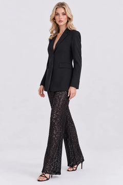Women's Black Single Breasted Blazer and Sequin Wide Leg Pants Two Piece Set [erp-image:92b92f2961bd67bbcb033a22]