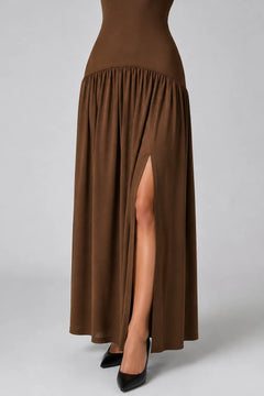 Brown Strapless Drop Waist Maxi Dress with High Thigh Slit [erp-image:9a89dd8b08074e0b0016faf6]