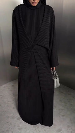 Black Pinstripe Long Sleeve Twist Front Abaya Maxi Dress with Wide Cut [erp-image:4f8e8fb4509686afb5819657]