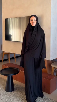 Women's Black Draped Khimar Abaya Maxi Dress Long Sleeve Modest Prayer Jilbab [erp-image:d39533e4828c241bf470c856]