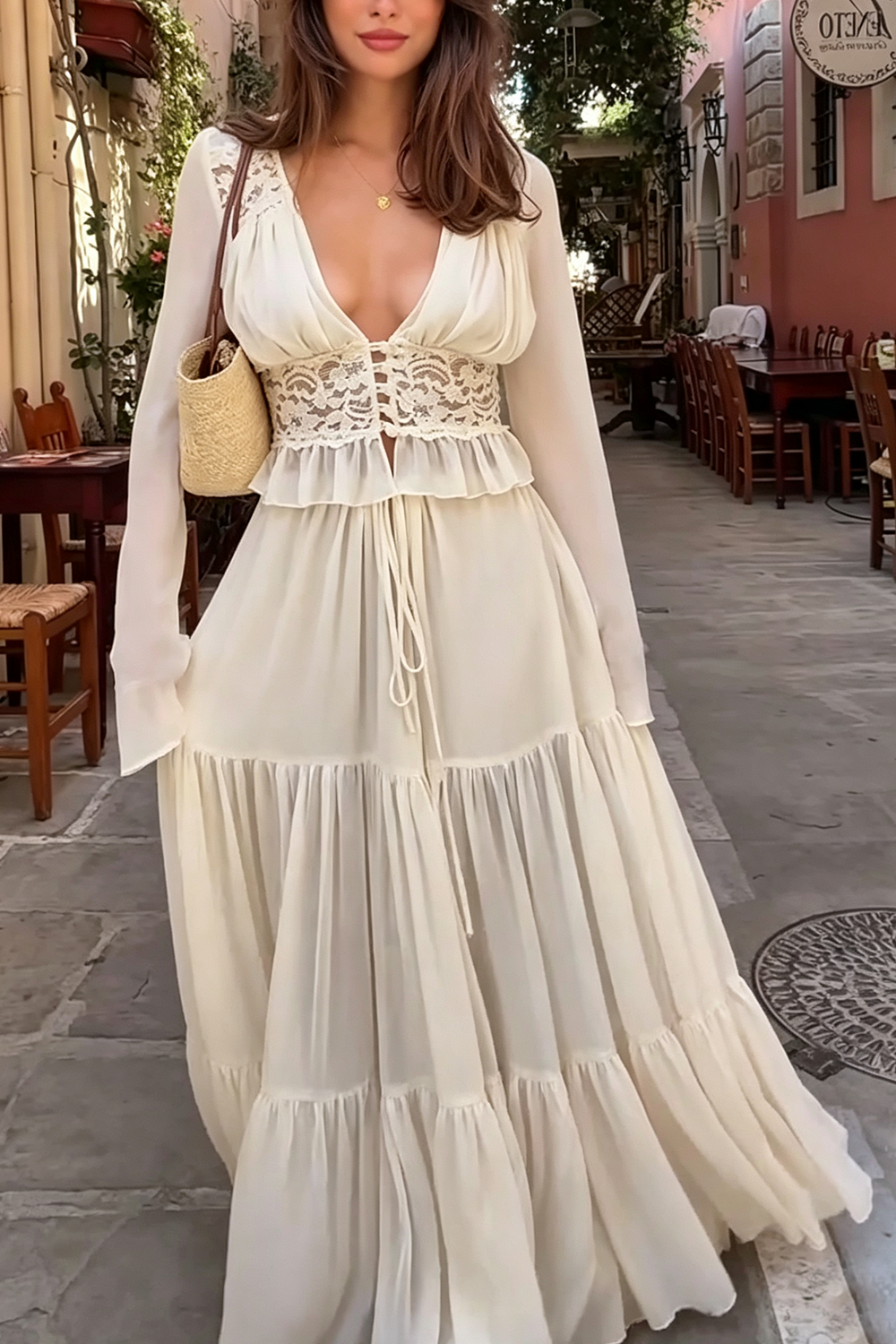 Lace Chiffon Long Sleeve Top And Midi Skirt Matching Outfit