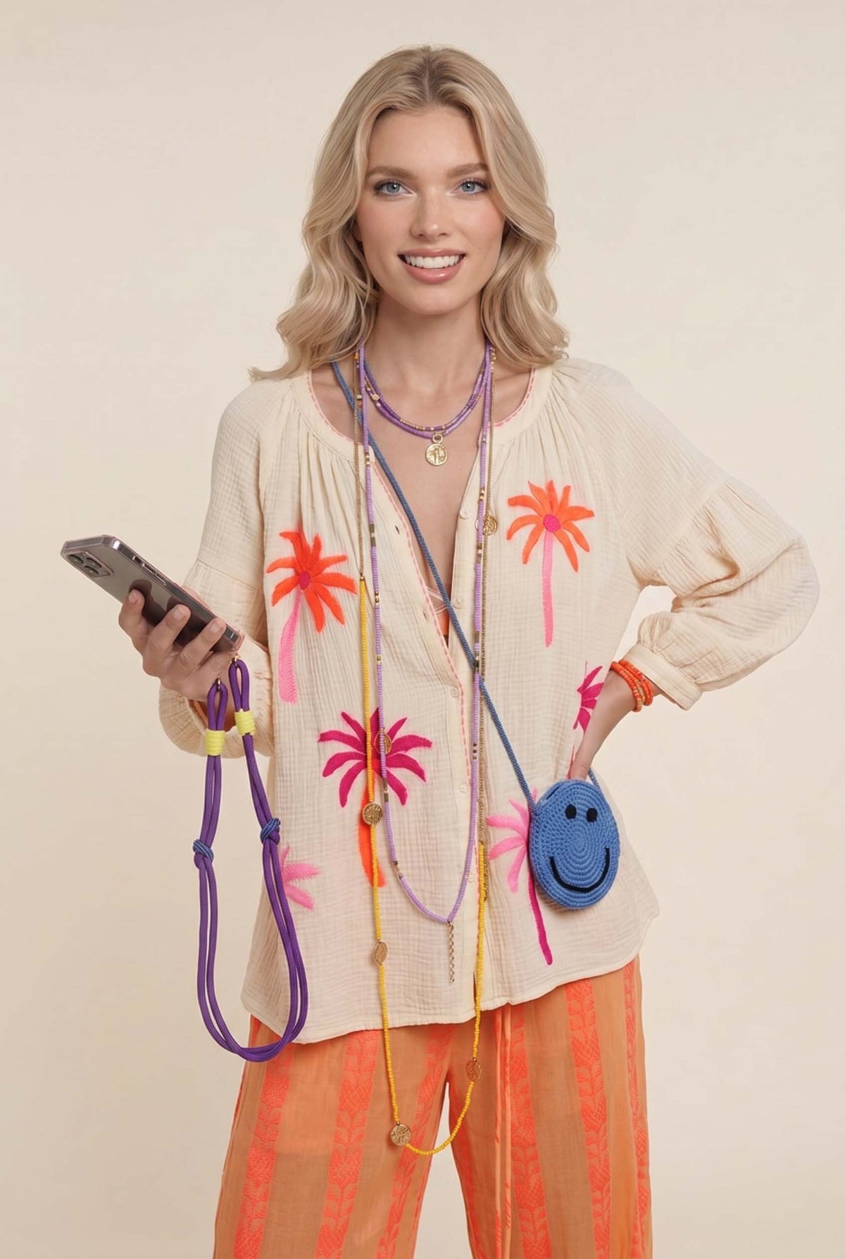 Flower Shirt And Striped Wide Leg Pants Set