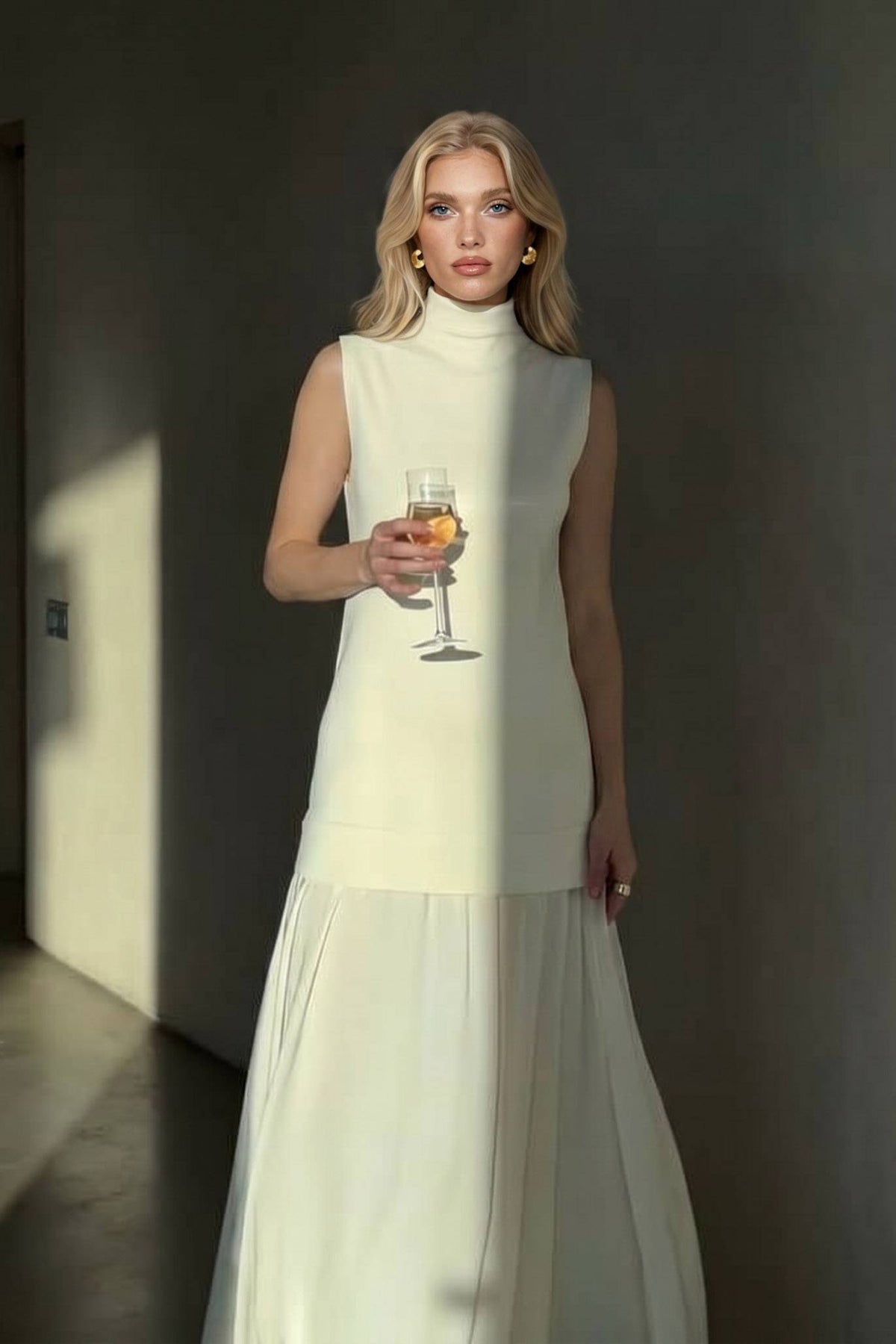 Ärmelloses Maxikleid mit hohem Kragen