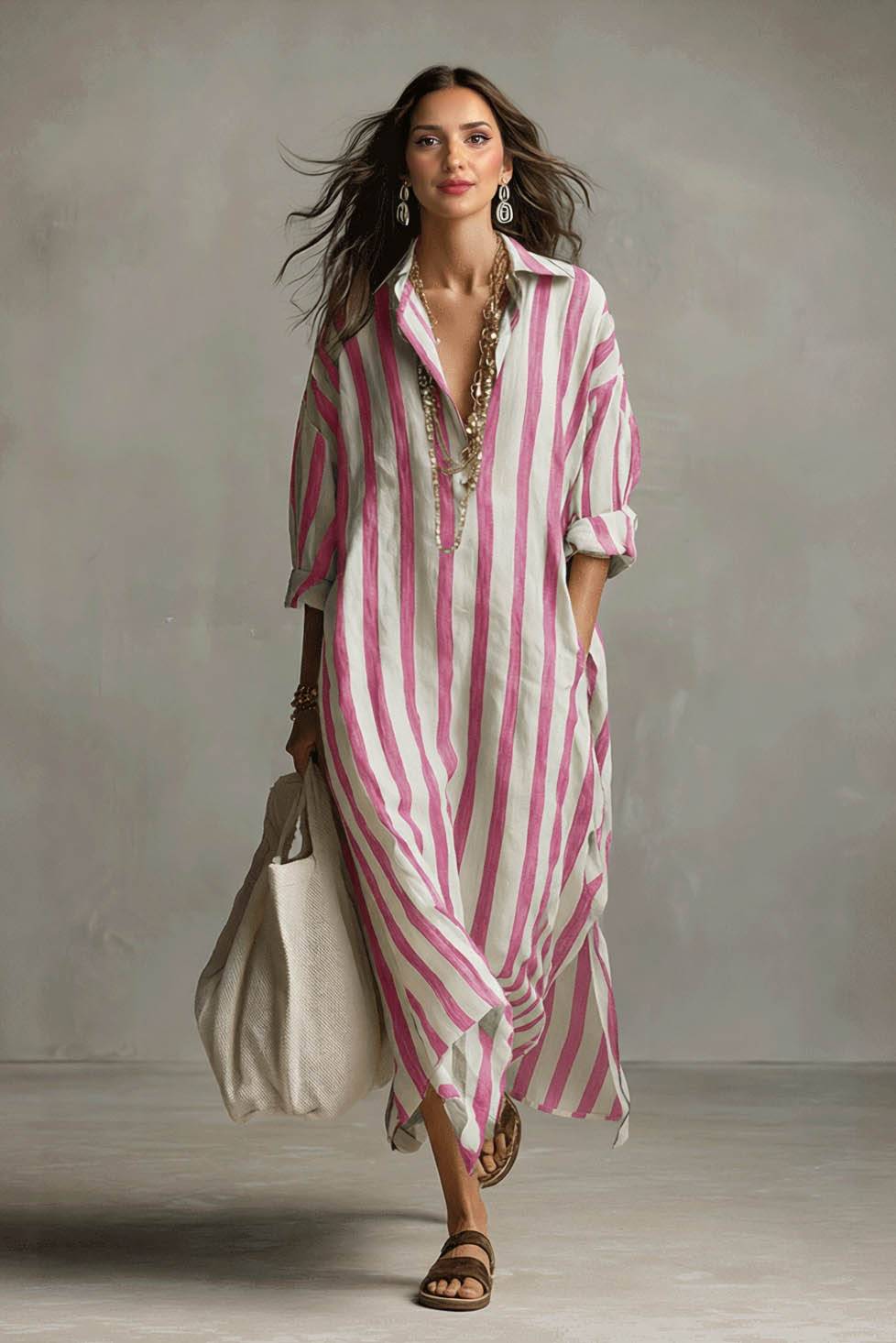 Hemdblusenkleid mit Streifenprint und tiefem V-Ausschnitt