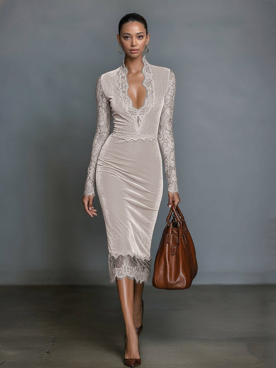 Robe midi élégante ajustée en velours et dentelle à col V