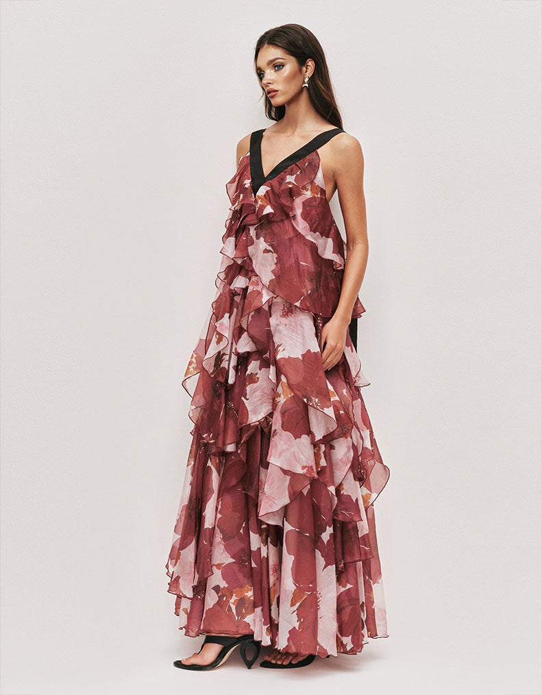Exquisites Maxikleid mit Lagenlook, Blumenprint und Rüschen