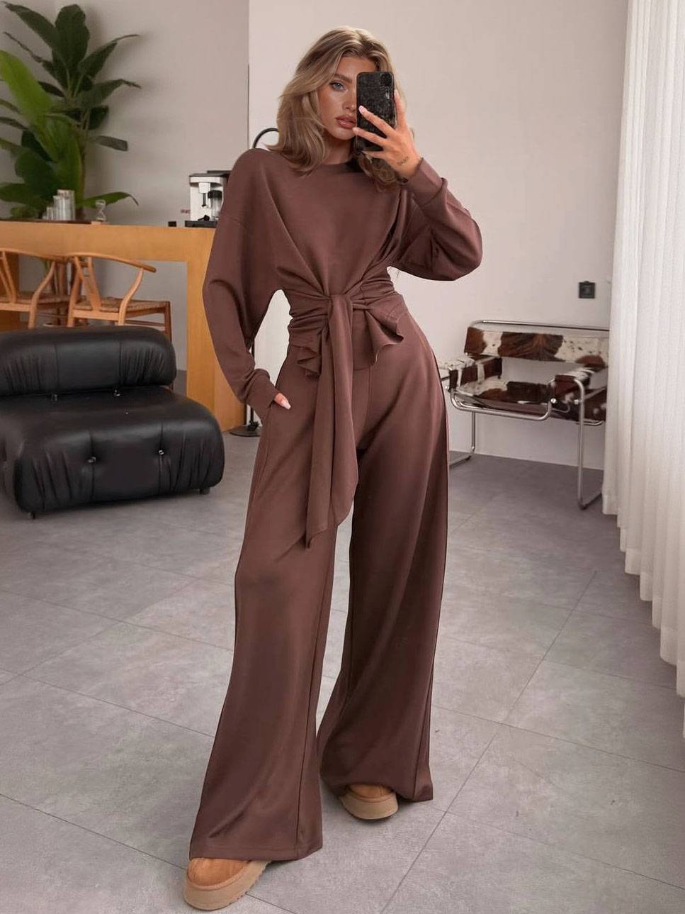 Lace-Up Design Pullover And Wide Leg Pants Suit