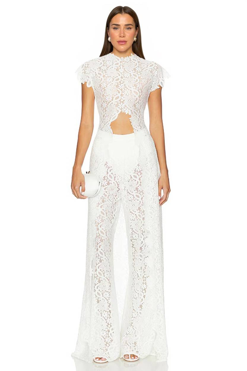 Lace Long-sleeved Top And Wide-leg Pants Set