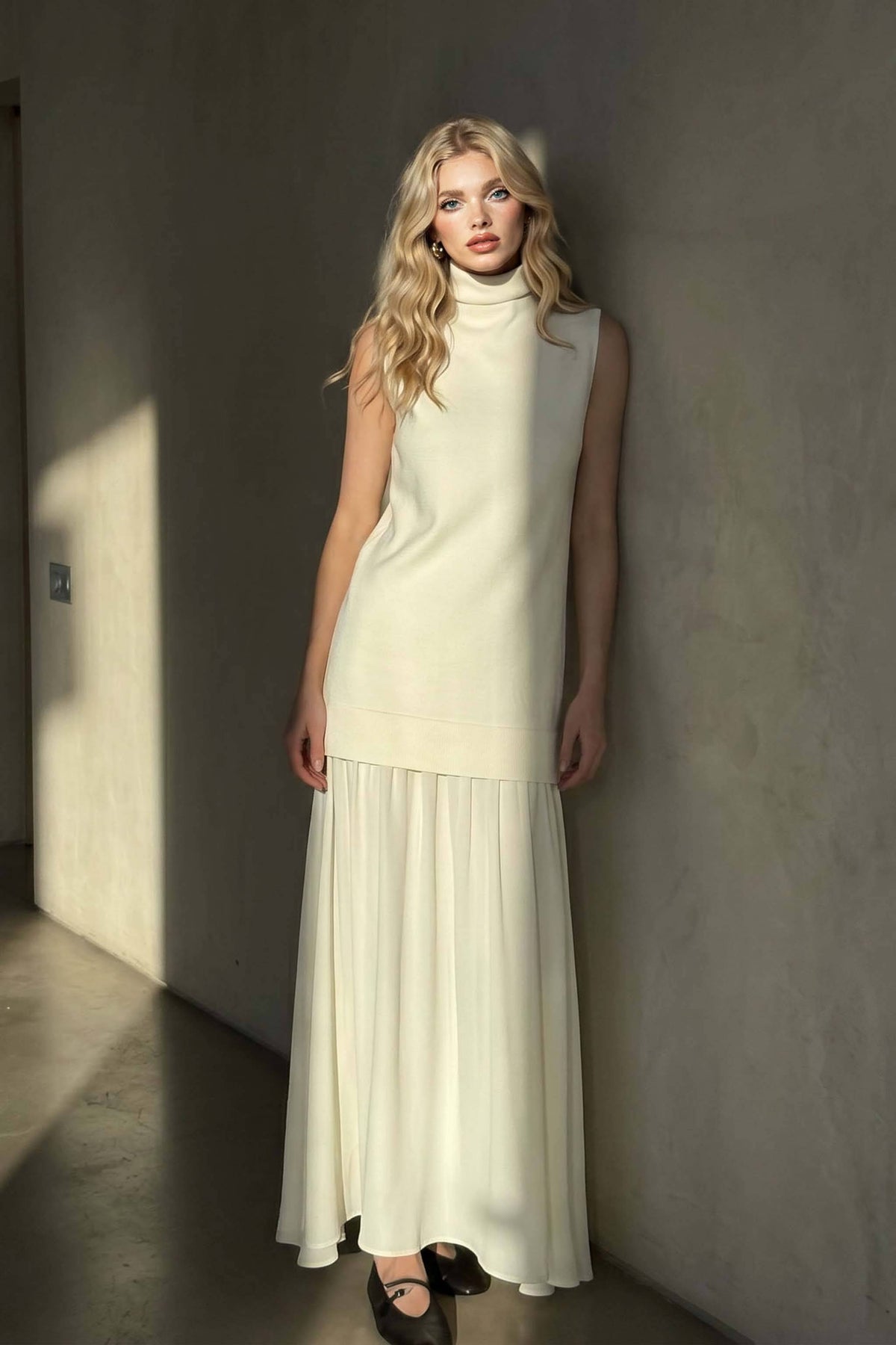 Ärmelloses Maxikleid mit hohem Kragen