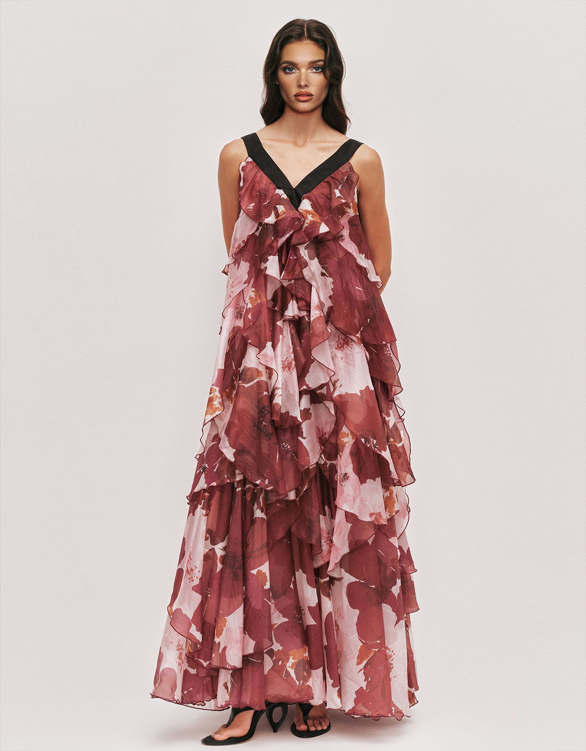Exquisites Maxikleid mit Lagenlook, Blumenprint und Rüschen