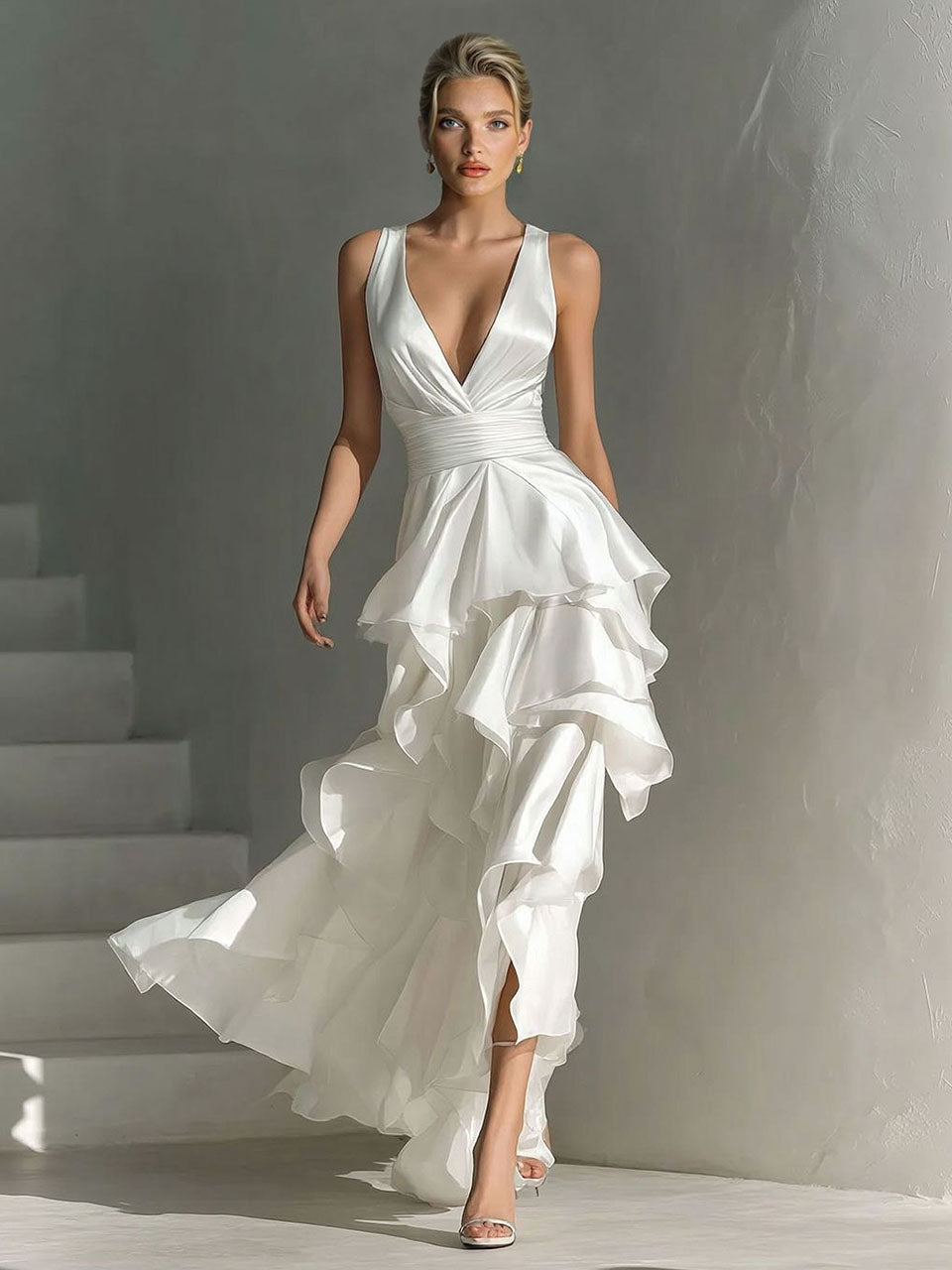 Elegante vestido largo de satén con escote profundo en V y volantes en capas