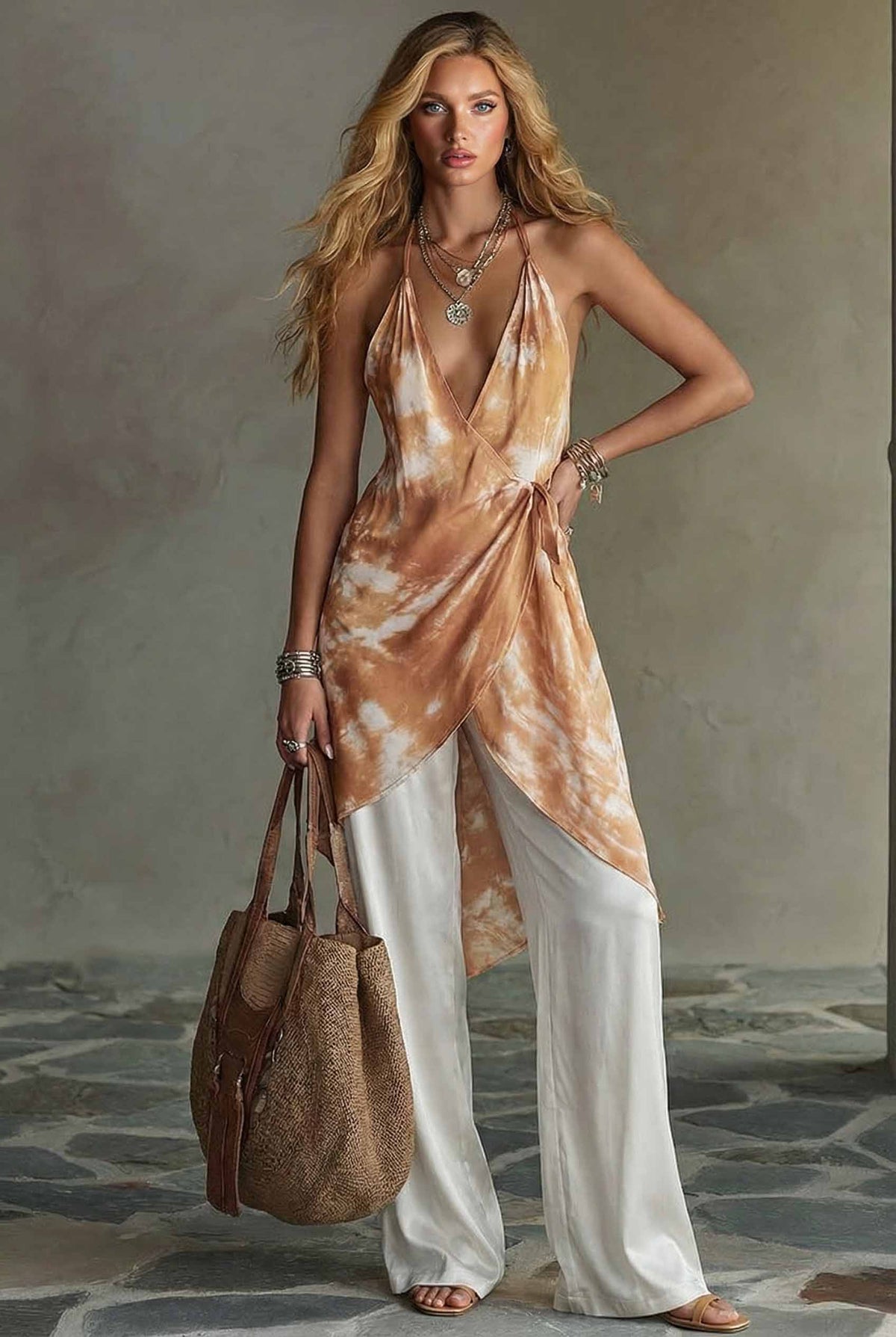 Set aus bedrucktem Neckholdertop und Hose mit weitem Bein